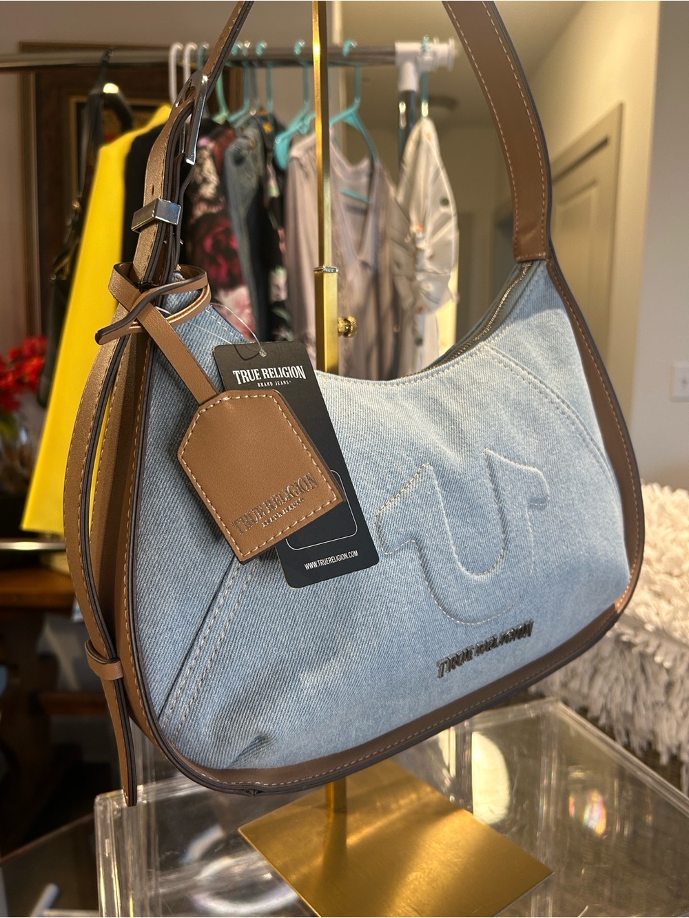True Religion Light Blue Denim Hobo Bag W/ Brown Trim/Strap 12.75”x 3”x 8.5” NWT - Picture 2 of 12